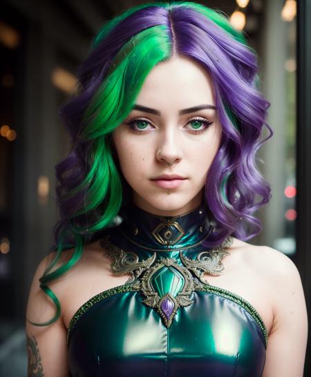 26431-635372785-an award winning portrait of a seductive (hlfcol haired girl with green and purple hair), Metallic dress dress, hyper realistic,.png